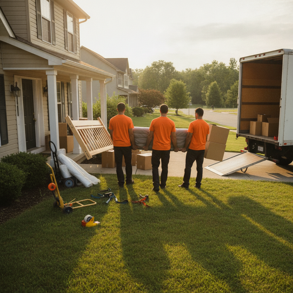 Create a realistic, professional service-business photograph showing Residential Moving from behind, with the backs of their heads visible. Do not show any faces, facial features, front-facing views or side views, profiles, or identifiable