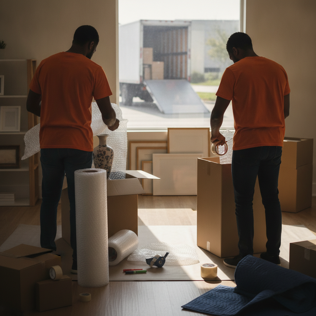 Create a realistic, professional service-business photograph showing Packing Service from behind, with the backs of their heads visible. Do not show any faces, facial features, front-facing views or side views, profiles, or identifiable peo