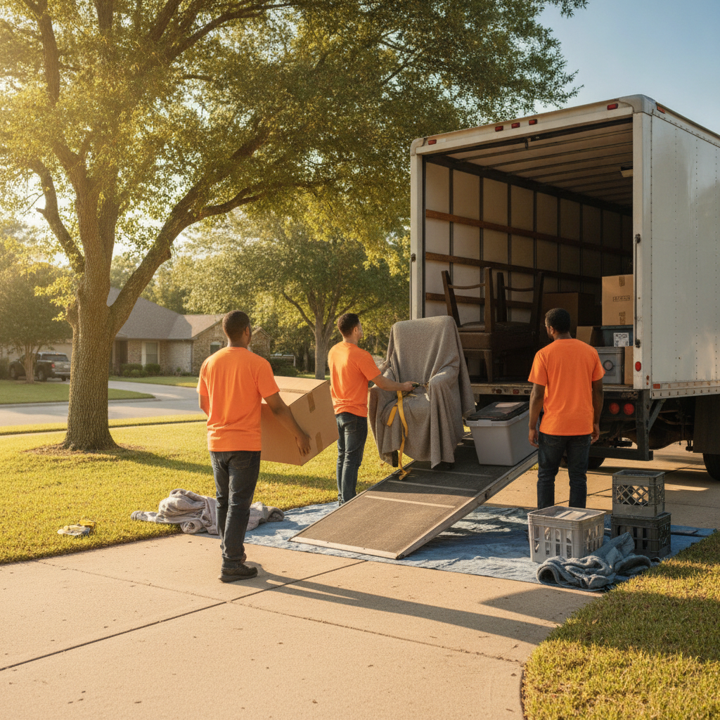 Create a realistic, professional service-business photograph showing Long Distance Moving from behind, with the backs of their heads visible. Do not show any faces, facial features, front-facing views or side views, profiles, or identifiabl