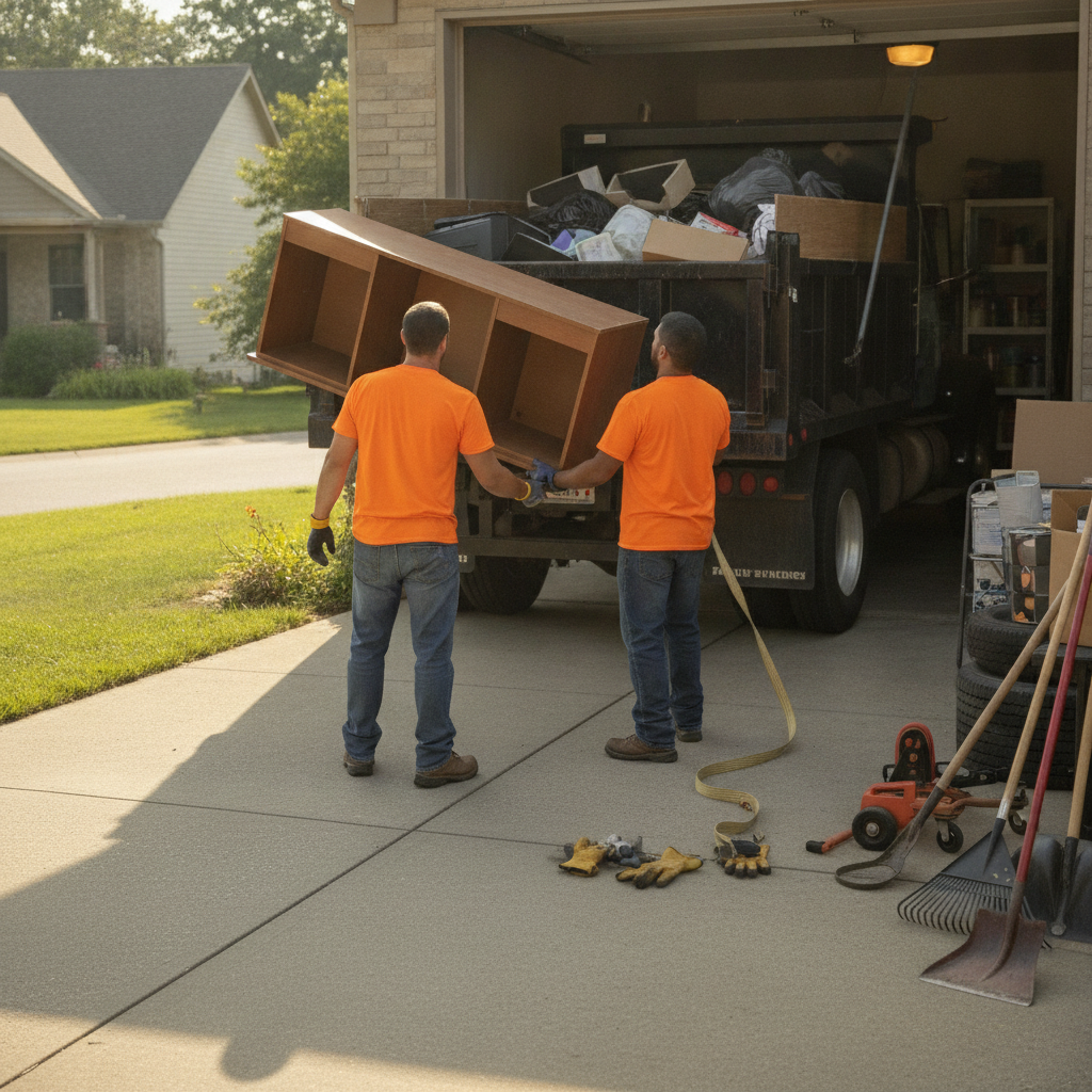 Create a realistic, professional service-business photograph showing Junk Removal from behind, with the backs of their heads visible. Do not show any faces, facial features, front-facing views or side views, profiles, or identifiable people