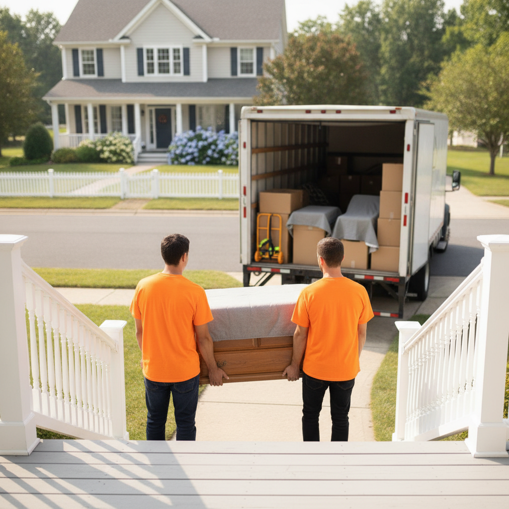 Create a realistic, professional service-business photograph showing Local Moving from behind, with the backs of their heads visible. Do not show any faces, facial features, front-facing views or side views, profiles, or identifiable people