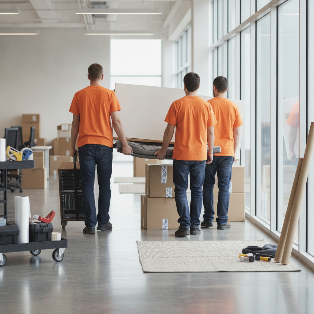 Create a realistic, professional service-business photograph showing Office Moving from behind, with the backs of their heads visible. Do not show any faces, facial features, front-facing views or side views, profiles, or identifiable peopl