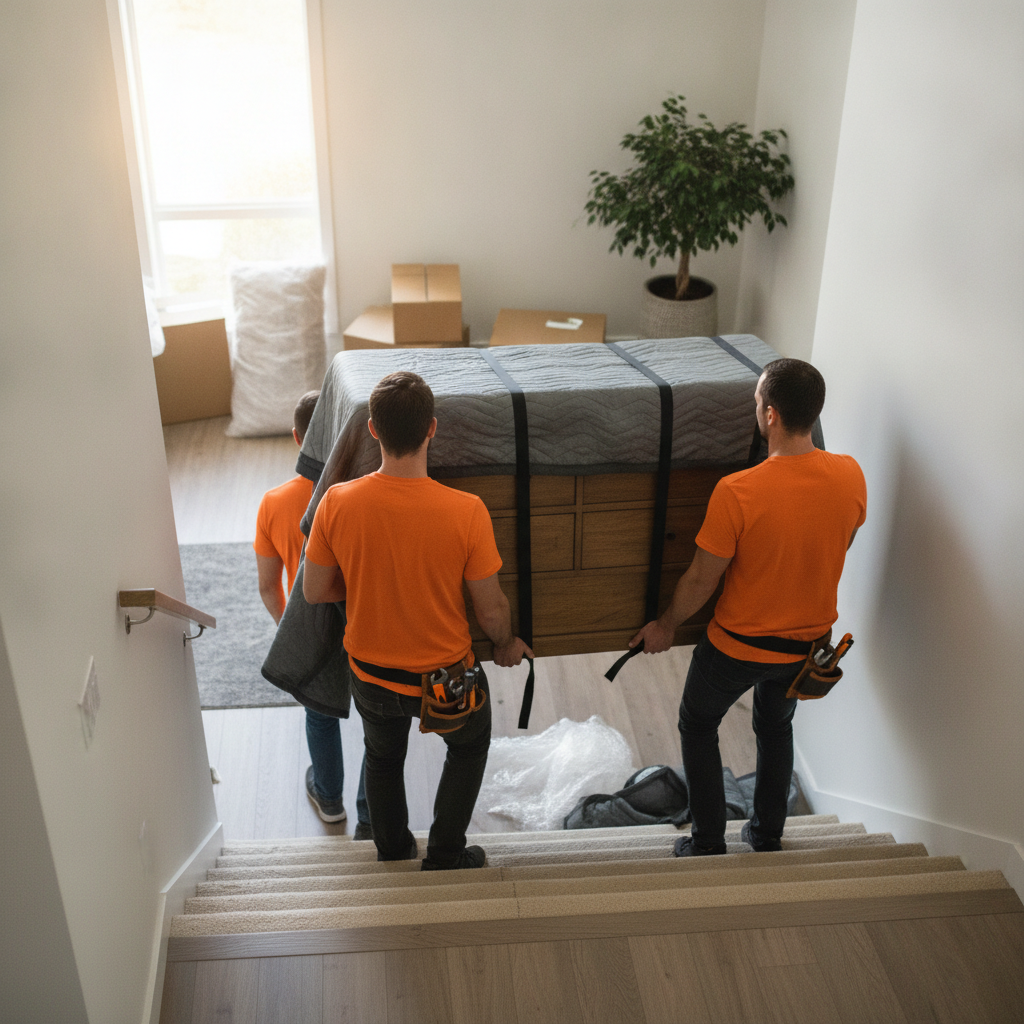 Create a realistic, professional service-business photograph showing Furniture Moving from behind, with the backs of their heads visible. Do not show any faces, facial features, front-facing views or side views, profiles, or identifiable pe
